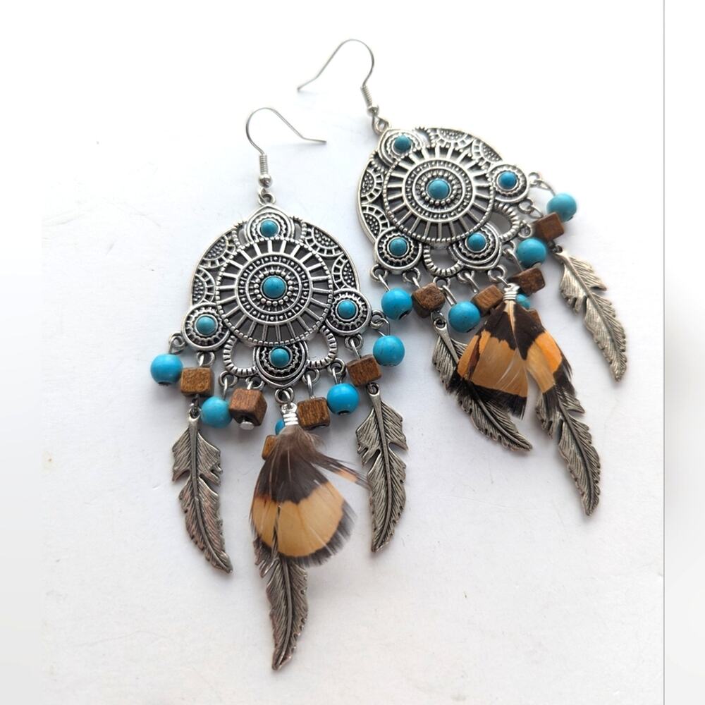 Southwestern Western Style Silver Tone Faux Turquoise Feather Charm Earrings